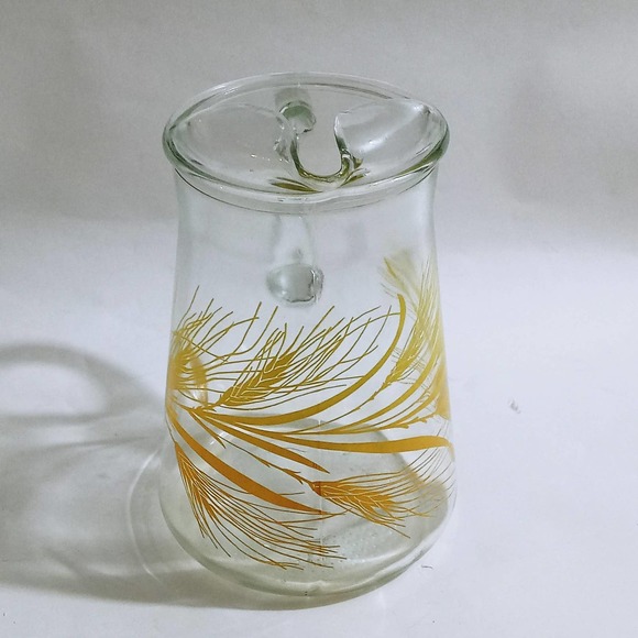 Vintage Golden Wheat Pitcher Orange Yellow Heavy Glass (shelf) - Picture 3 of 6